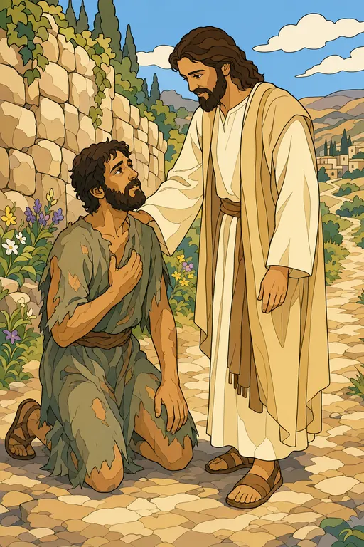 The painting this coloring page was drawn from: Jesus reaching out to touch a kneeling man in torn clothes beside a stone wall