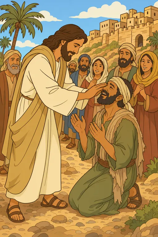 The painting this coloring page was drawn from: Jesus touching the eyes of a kneeling blind man on the road outside Jericho, a crowd watching