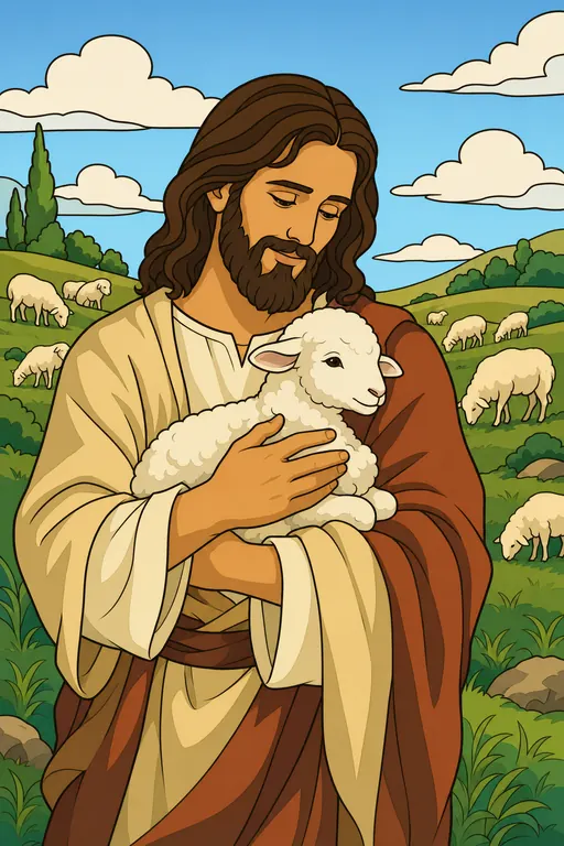 The painting this coloring page was drawn from: Jesus holding a little lamb close to His chest, sheep grazing on the hills behind