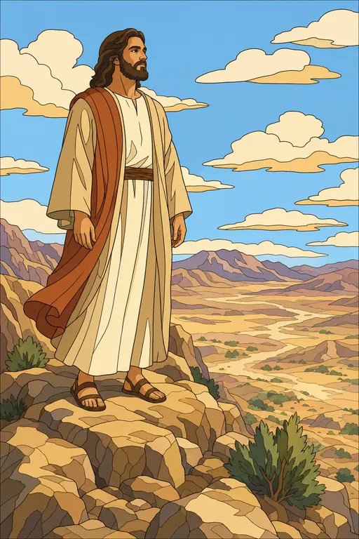 The painting this coloring page was drawn from: Jesus standing alone on a rocky hill in the wilderness
