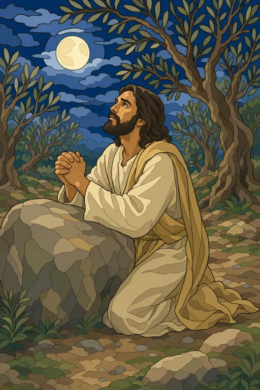 The painting this coloring page was drawn from: Jesus kneeling in prayer beside a large rock under the olive trees at night, the moon above