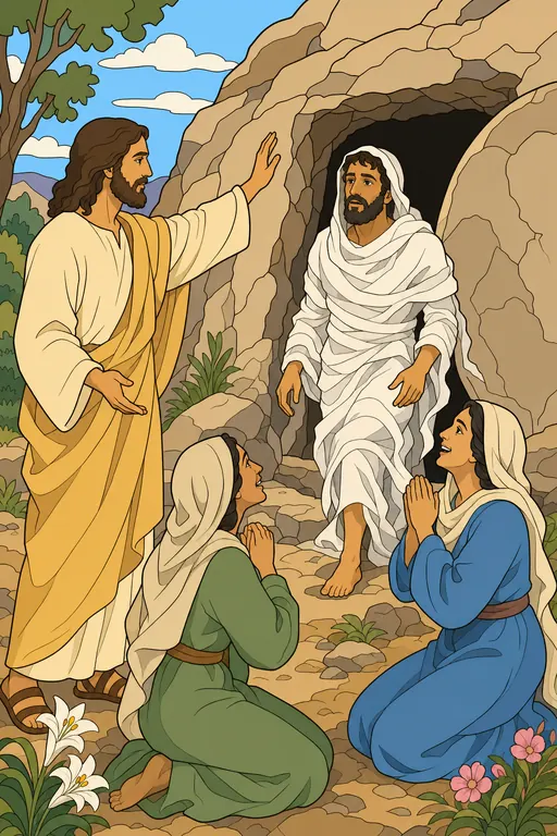 The painting this coloring page was drawn from: Lazarus stepping out of the rock tomb wrapped in linen as Jesus calls him and Mary and Martha kneel
