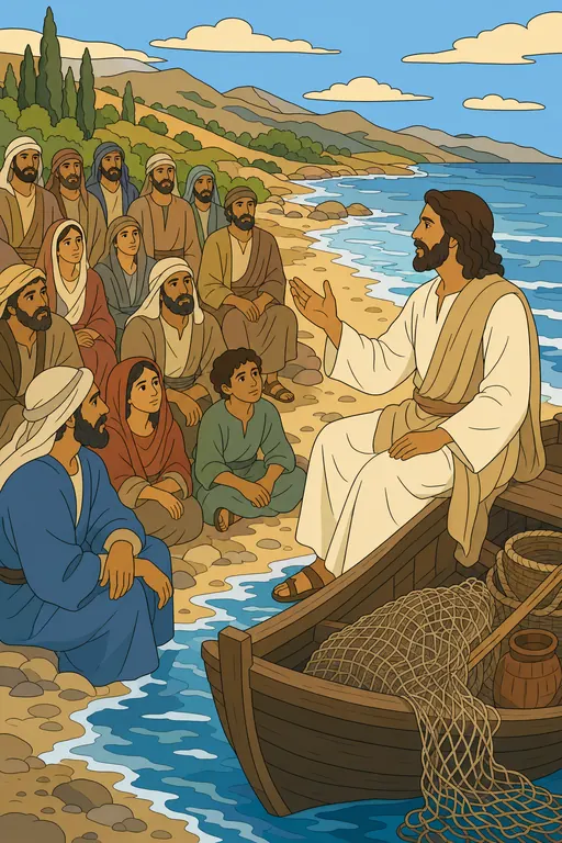The painting this coloring page was drawn from: Jesus sitting in a fishing boat by the shore teaching a crowd of men, women and children on the beach