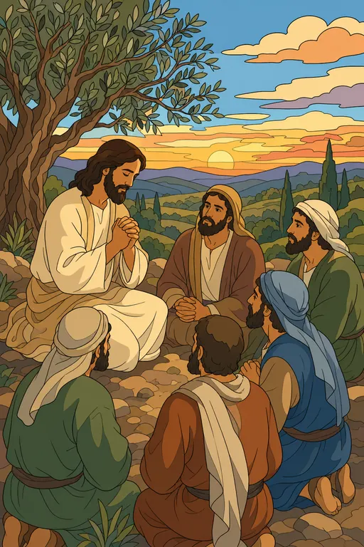 The painting this coloring page was drawn from: Jesus sitting under an olive tree teaching His disciples to pray
