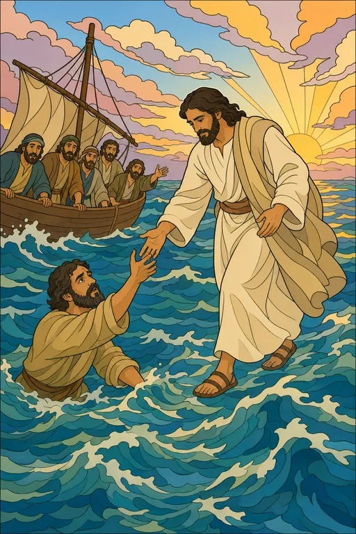 The painting this coloring page was drawn from: Jesus walking on the waves and reaching out His hand to Peter, who is sinking, the disciples’ boat behind