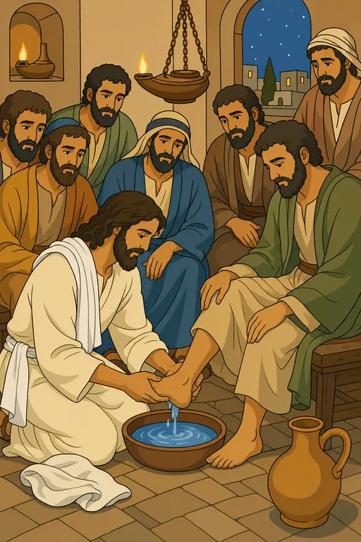 The painting this coloring page was drawn from: Jesus kneeling with a basin to wash a disciple’s feet while the others watch