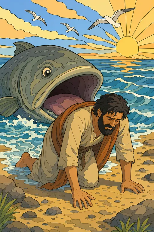 The painting this coloring page was drawn from: Jonah crawling onto the beach as the great fish swims away, gulls and the rising sun above