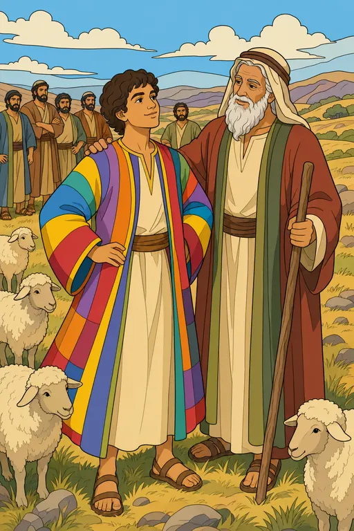 The painting this coloring page was drawn from: Young Joseph in his long striped robe standing beside his father Jacob, with sheep and his brothers behind