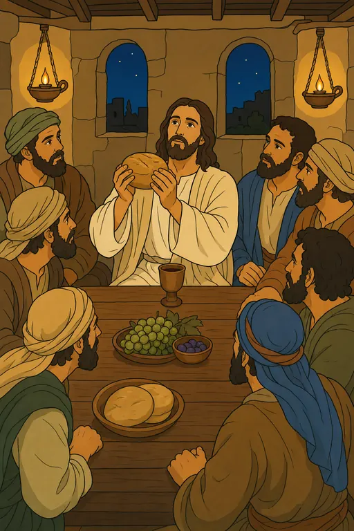 The painting this coloring page was drawn from: Jesus at the table lifting a loaf of bread and giving thanks, His disciples gathered around Him