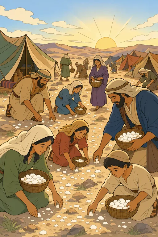The painting this coloring page was drawn from: Israelite families kneeling to gather manna from the ground into baskets beside their tents at sunrise