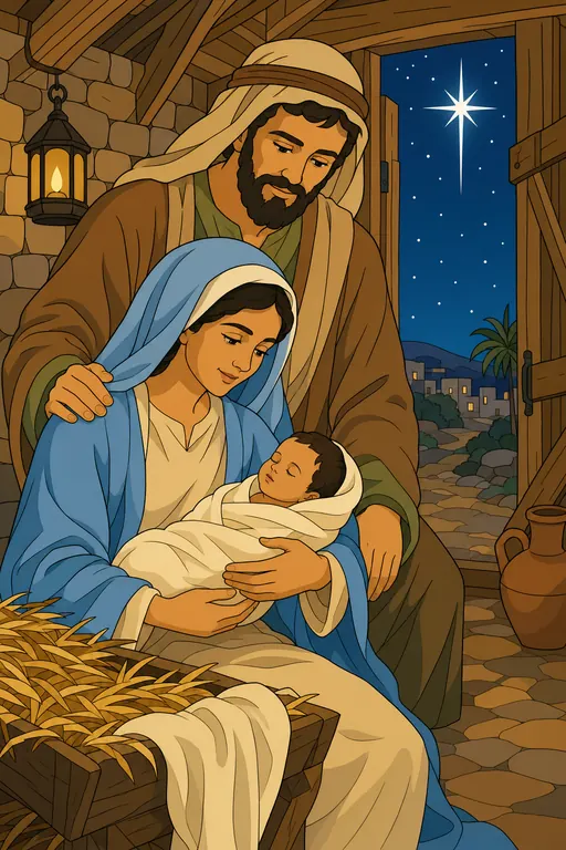 The painting this coloring page was drawn from: Mary holding newborn Jesus in her arms in the stable with Joseph leaning over them, a lantern and the star