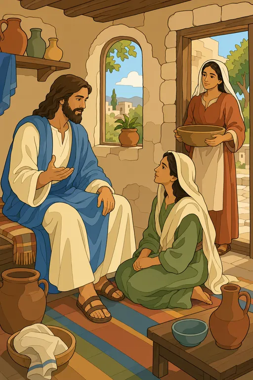The painting this coloring page was drawn from: Mary sitting at Jesus’ feet listening while Martha stands in the doorway holding a bowl
