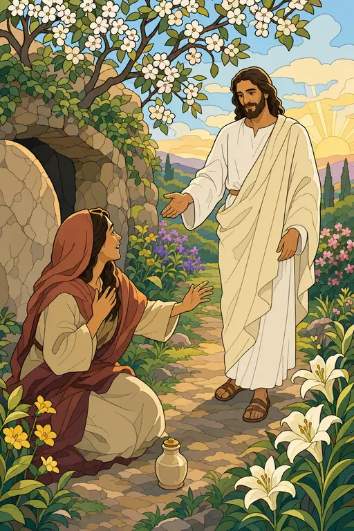 The painting this coloring page was drawn from: Mary Magdalene kneeling in the garden by the tomb, looking up at the risen Jesus