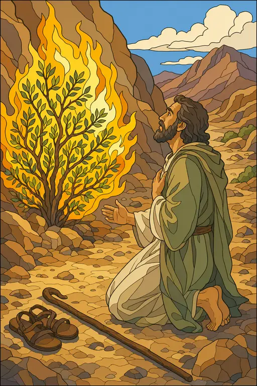 The painting this coloring page was drawn from: Moses kneeling barefoot before a bush on fire, his sandals and staff on the ground