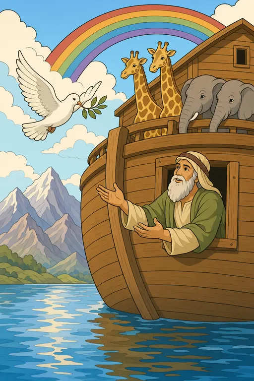 The painting this coloring page was drawn from: Noah leaning out of the ark as the dove flies back with an olive leaf, a rainbow overhead, giraffes and elephants on deck