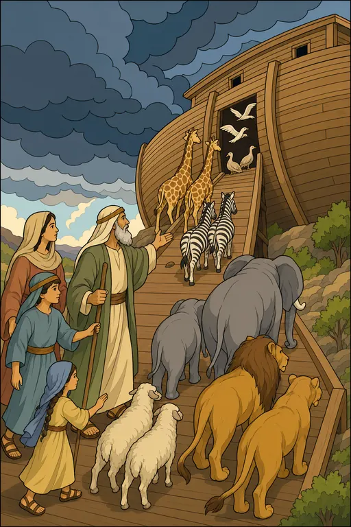 The painting this coloring page was drawn from: Noah’s family leading giraffes, zebras, elephants, lions and sheep up into the ark