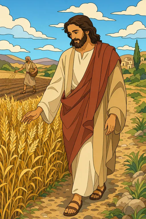 The painting this coloring page was drawn from: Jesus walking beside a field of ripe wheat while a sower scatters seed in the distance