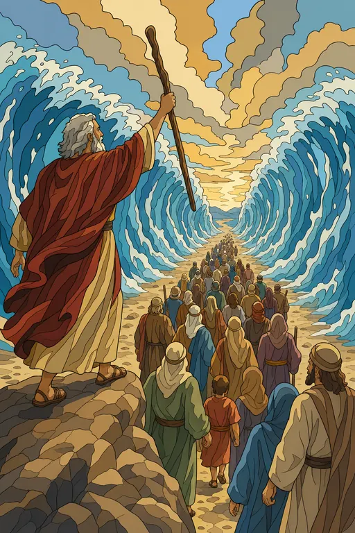 The painting this coloring page was drawn from: Moses raising his staff as the Israelites walk between two walls of water