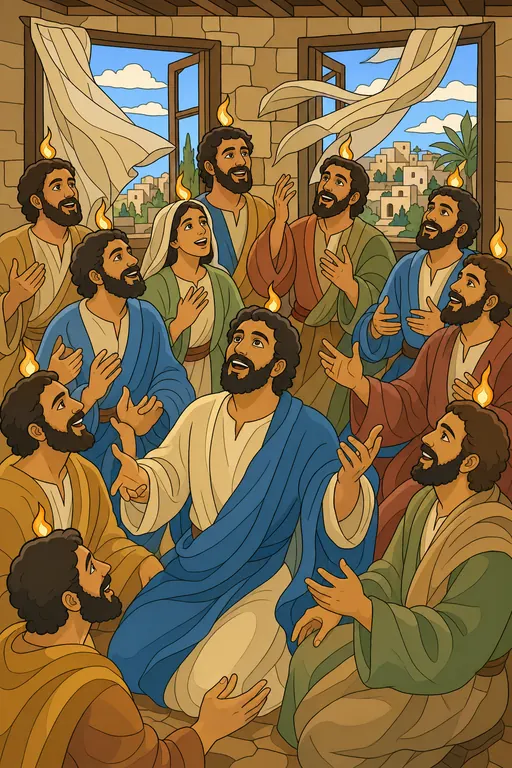 The painting this coloring page was drawn from: The disciples and Mary looking up in joy with small flames above their heads, wind blowing the curtains