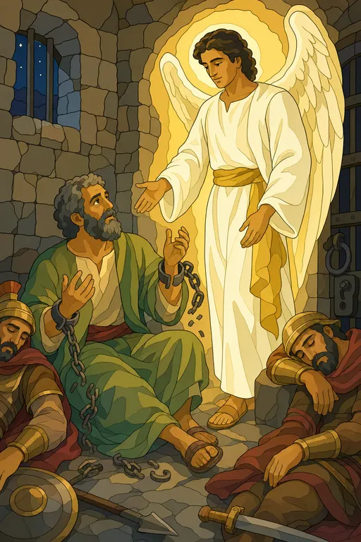 The painting this coloring page was drawn from: An angel in the prison cell waking Peter as the chains fall from his wrists