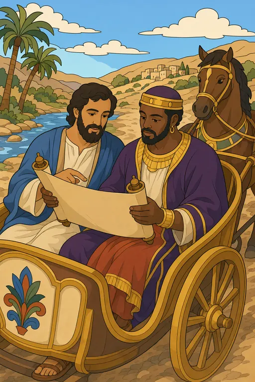 The painting this coloring page was drawn from: Philip explaining a scroll to the Ethiopian official seated in his chariot, a horse beside them