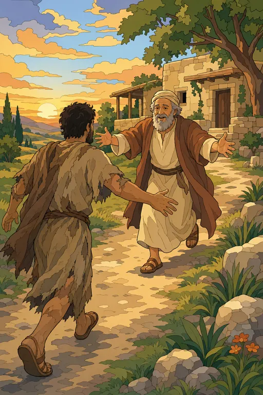 The painting this coloring page was drawn from: The father running with open arms toward his son, who comes home along the road in ragged clothes