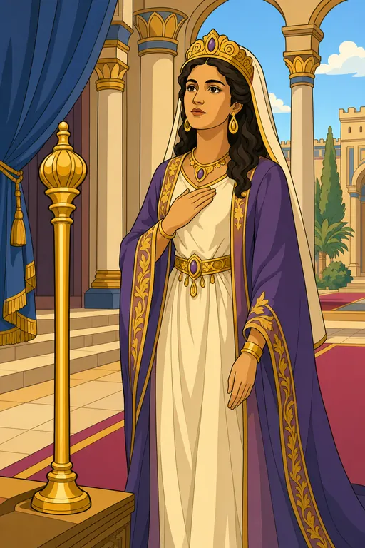 The painting this coloring page was drawn from: Queen Esther in a royal robe and crown standing in the palace hall