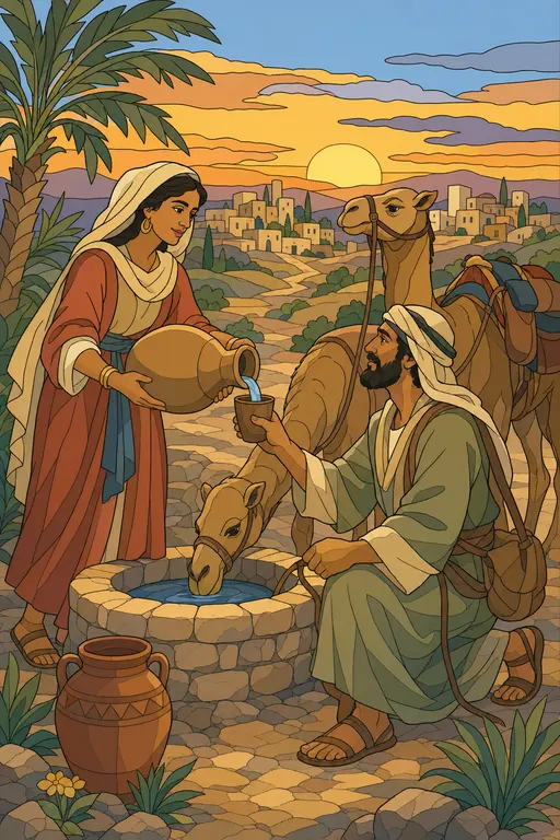 The painting this coloring page was drawn from: Rebekah pouring water from her jar for Abraham’s servant at the well, with a camel behind them