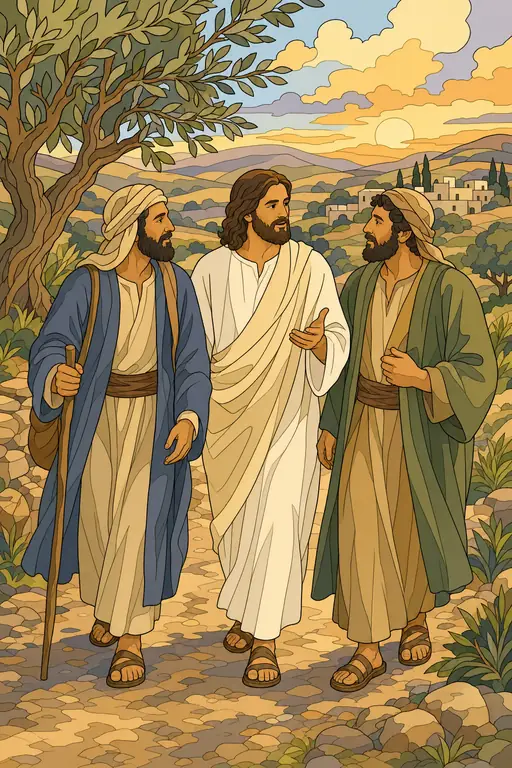 The painting this coloring page was drawn from: The risen Jesus walking and talking with two travelers on the road to Emmaus