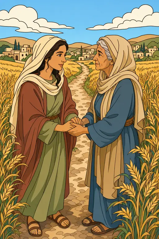 The painting this coloring page was drawn from: Ruth holding Naomi’s hands on a road through the barley fields, a town in the distance