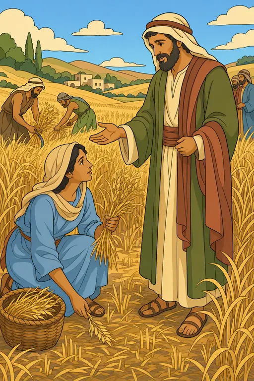 The painting this coloring page was drawn from: Ruth gathering barley in the field as Boaz holds out his hand to welcome her, harvesters behind