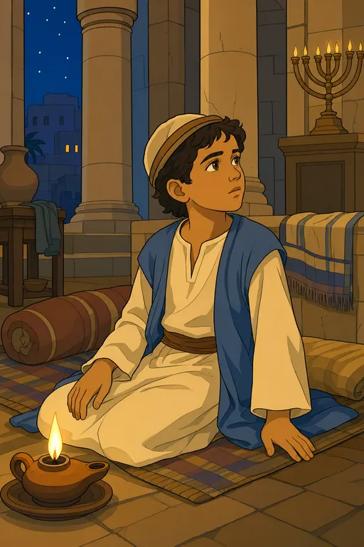 The painting this coloring page was drawn from: The boy Samuel sitting up on his sleeping mat at night, listening, an oil lamp beside him
