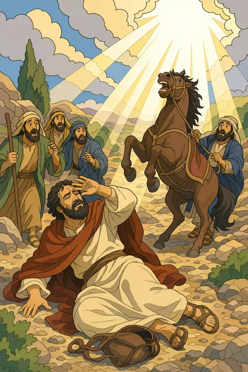 The painting this coloring page was drawn from: Saul fallen on the road under a blaze of light from heaven, a horse rearing and travelers amazed