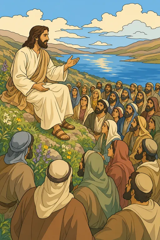 The painting this coloring page was drawn from: Jesus seated on a hillside teaching a great crowd