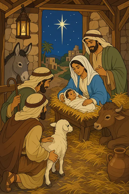 The painting this coloring page was drawn from: Shepherds kneeling with their lambs at the manger where Mary and Joseph watch over baby Jesus