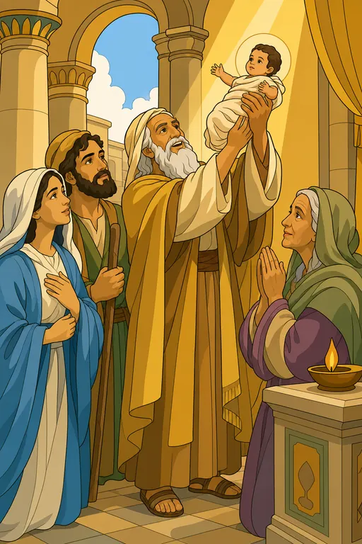 The painting this coloring page was drawn from: Old Simeon lifting baby Jesus up in the temple while Mary, Joseph and Anna look on