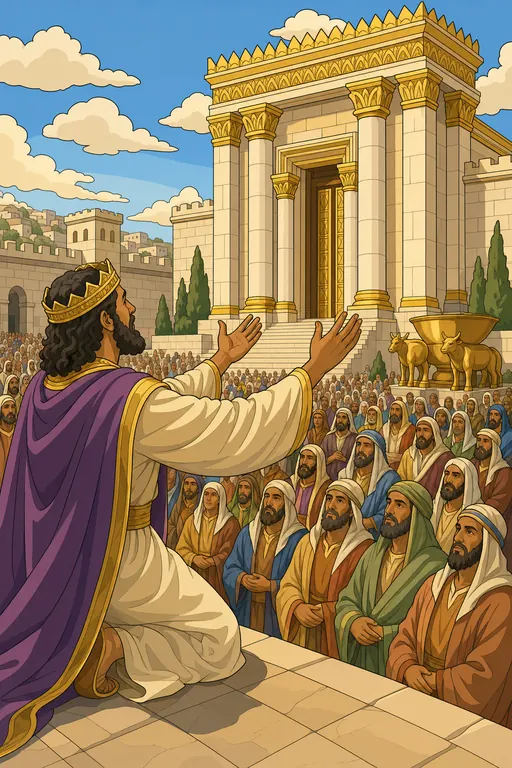The painting this coloring page was drawn from: King Solomon with his hands raised toward heaven before the temple and the gathered people