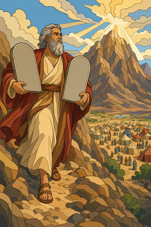 The painting this coloring page was drawn from: Moses coming down Mount Sinai holding the two stone tablets, rays of light behind the mountain