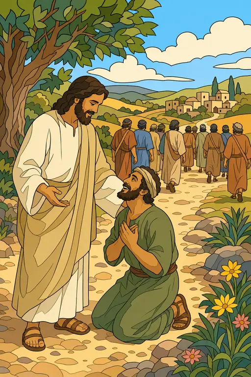 The painting this coloring page was drawn from: One healed man kneeling to thank Jesus while the other nine walk away down the road