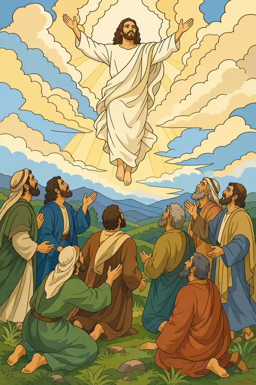 The painting this coloring page was drawn from: Jesus rising into the clouds with His arms raised in blessing as the disciples look up from the hilltop