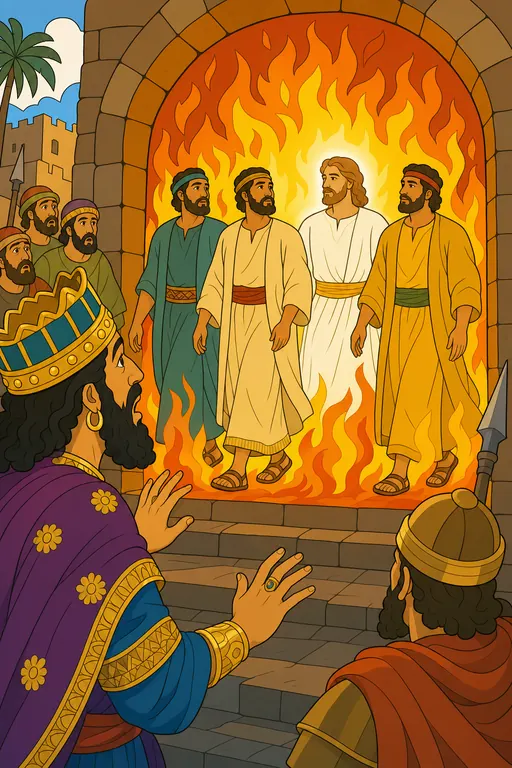 The painting this coloring page was drawn from: Shadrach, Meshach and Abednego walking unharmed in the furnace with a fourth man as the king looks in