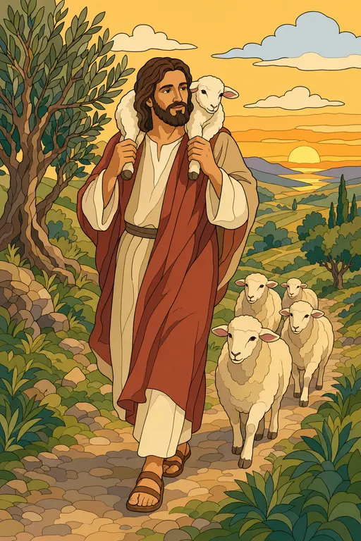 The painting this coloring page was drawn from: Jesus walking along a hillside path carrying a lamb on His shoulders, sheep following Him