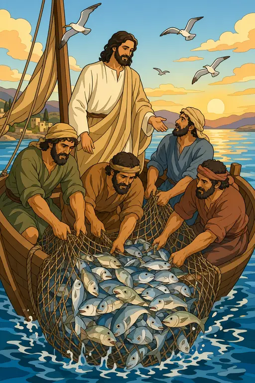 The painting this coloring page was drawn from: Jesus standing in the boat as Peter and the fishermen haul in a net full of fish