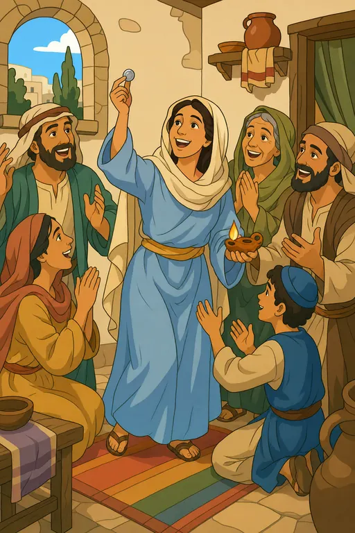 The painting this coloring page was drawn from: A woman holding up the coin she found while her friends and neighbors celebrate with her