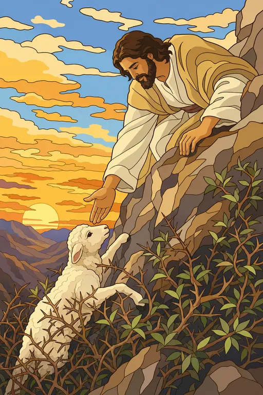 The painting this coloring page was drawn from: The shepherd reaching down to rescue a lamb caught in the brambles on a rocky slope