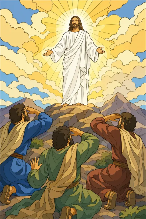 The painting this coloring page was drawn from: Jesus shining on the mountaintop in rays of light while Peter, James and John bow to the ground