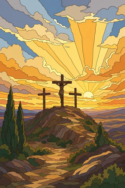 The painting this coloring page was drawn from: Three crosses on a hill seen from far away under a sky of clouds and sun rays
