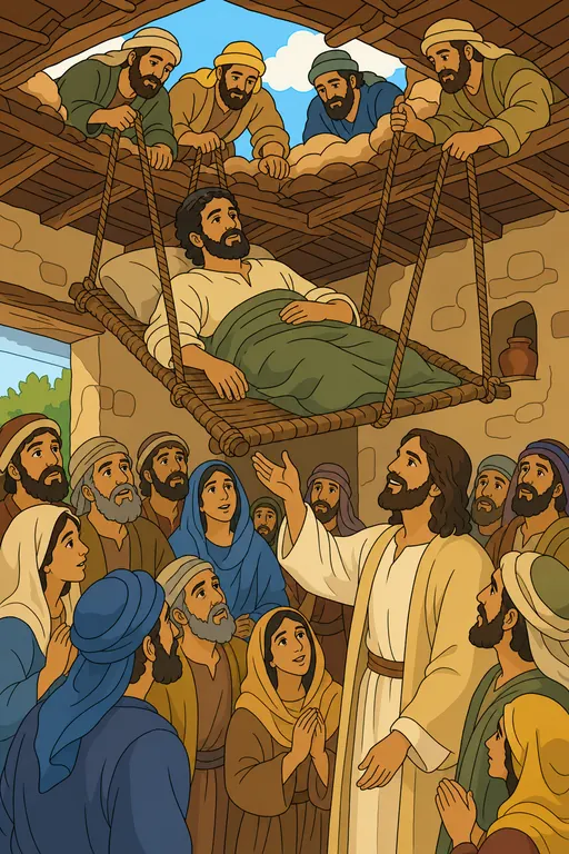 The painting this coloring page was drawn from: Four friends lowering a paralyzed man on his mat through an opening in the roof