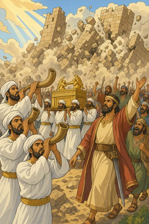The painting this coloring page was drawn from: The walls of Jericho falling as priests blow rams’ horns and the Israelites carry the ark and shout