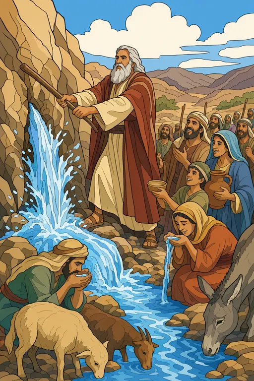The painting this coloring page was drawn from: Moses striking the rock with his staff as water pours out and the people and animals drink